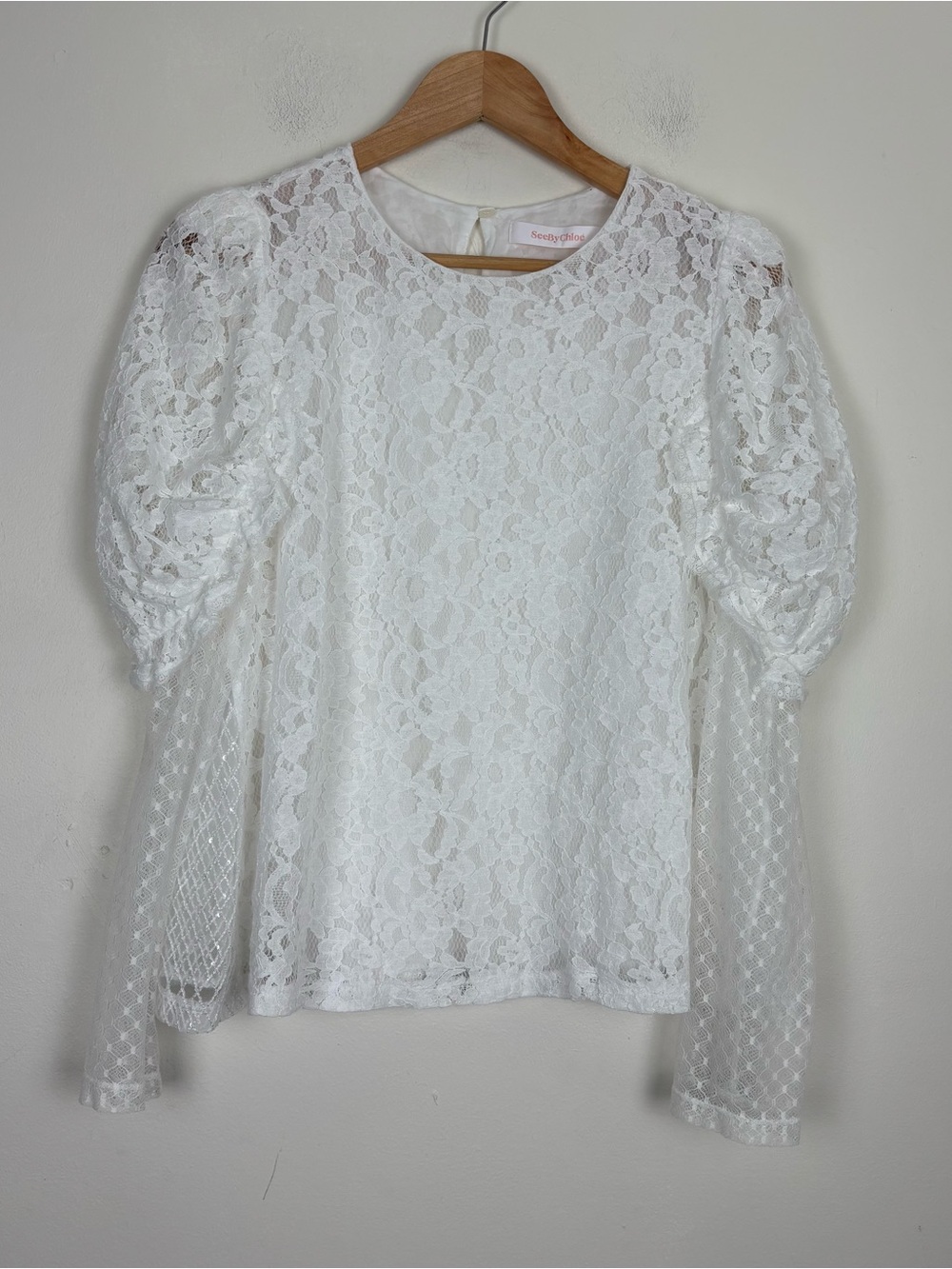 See By Chloe White Mixed Lace Puff Sleeve Long Sleeve Top. Estimated Size Small